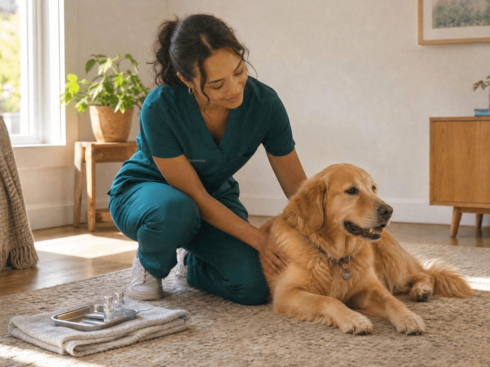 A Wonderdog certified vet tech in teal scrubs kneels beside a relaxed golden retriever at home, a collection tray resting on a folded towel nearby.
